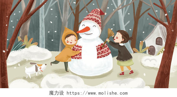 冬至小朋友堆雪人插画背景